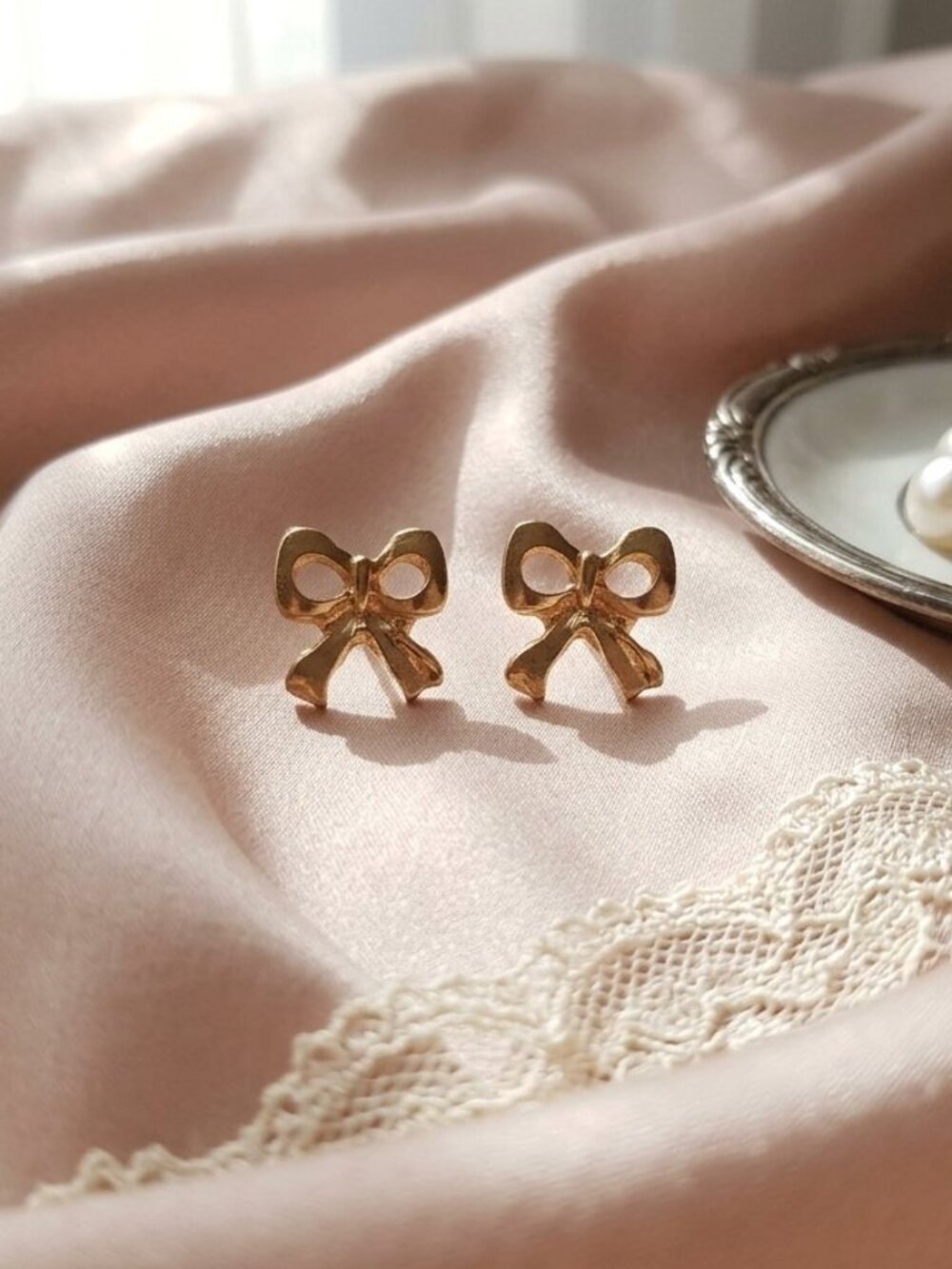Christmas Theme Bow Stud Earrings Gold Told For Kids Girls Teen